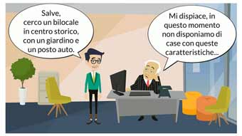 Fumetto - cliente entra in agenzia immobiliare ma non trova risultati